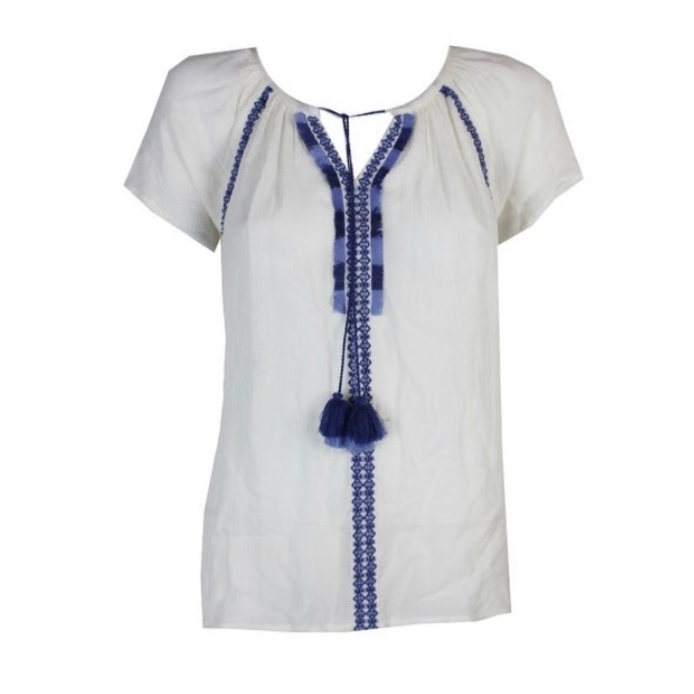 VINTAGE AMERICA BLUES WHITE PEASANT TOP BLUE EMBROIDERED TASSEL TIES NWT XS